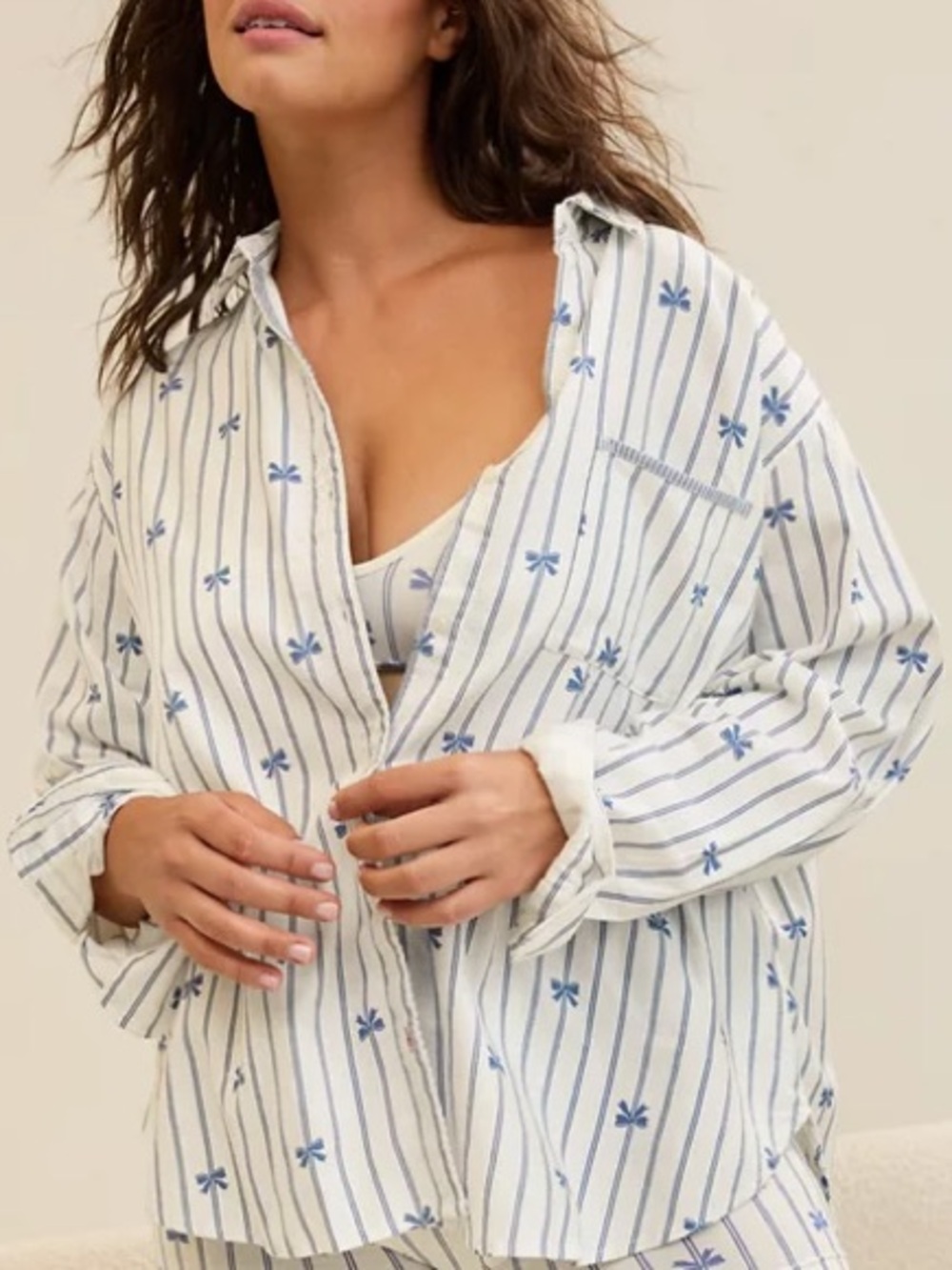 Aerie Striped Floral Sleep Shirt White/Blue Bows Cozy Pajama Coquette Lounge